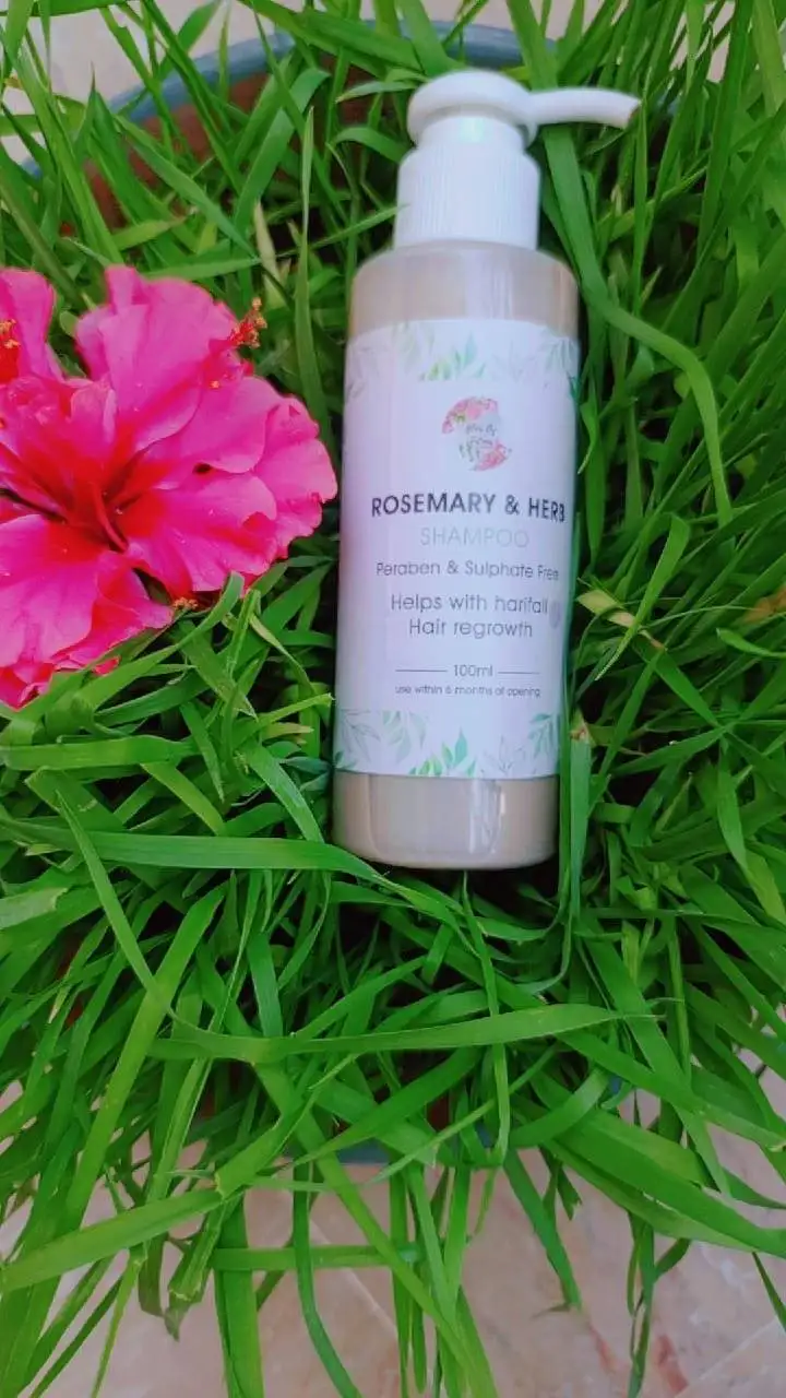 Rosemary shampoo bottle for natural hair cleansing, scalp nourishment, and hair growth support.